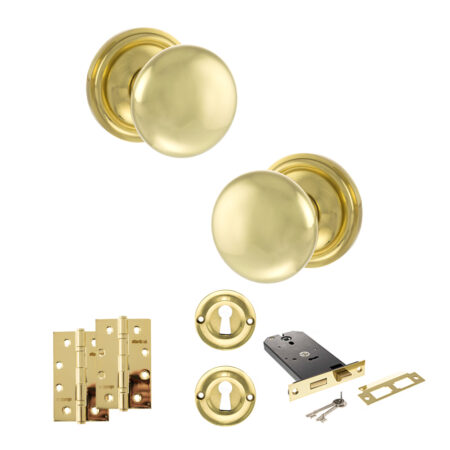 Atlantic Old English Harrogate Door Knob Pack (Lock Set - Horizontal Sashlock, 4" Slim Knuckle Hinges x2) - Polished Brass