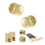 Atlantic Old English Harrogate Door Knob Pack (Lock Set - Horizontal Bathlock, 4" Slim Knuckle Hinges x2) - Polished Brass