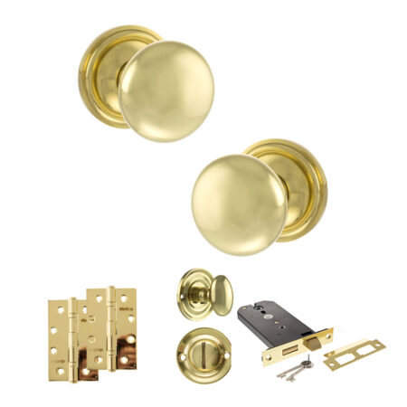 Atlantic Old English Harrogate Door Knob Pack (Lock Set - Horizontal Bathlock, 4" Slim Knuckle Hinges x2) - Polished Brass