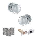 Atlantic Old English Harrogate Door Knob Pack (Latch Set - 3" HD Latch, 3" Fire Rated Hinges x3) - Polished Chrome