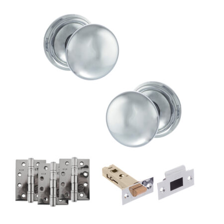 Atlantic Old English Harrogate Door Knob Pack (Latch Set - 3" HD Latch, 4" Fire Rated Hinges x3) - Polished Chrome