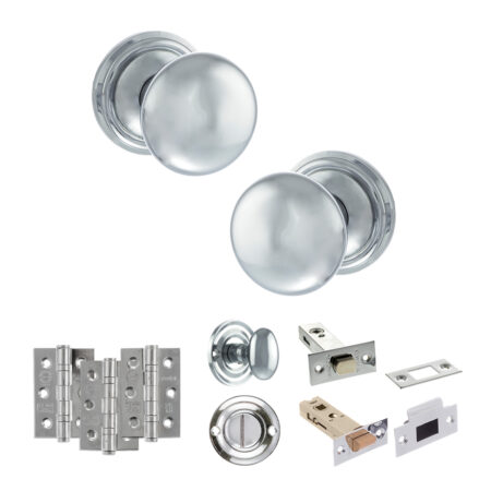 Atlantic Old English Harrogate Door Knob Pack (Bathroom Set - 3" Deadbolt, 3" Fire Rated Hinges x3) - Polished Chrome