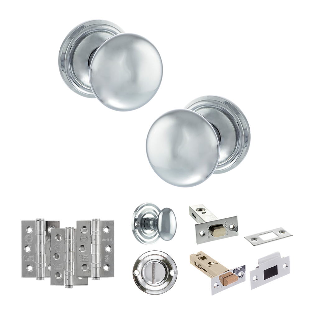 ADPOE58MMKPC60_OLD-ENGLISH-HARROGATE-POLISHED-CHROME.jpg Atlantic Old English Harrogate Door Knob Pack (Bathroom Set - 3" Deadbolt, 3" Fire Rated Hinges x3) - Polished Chrome - Image 1
