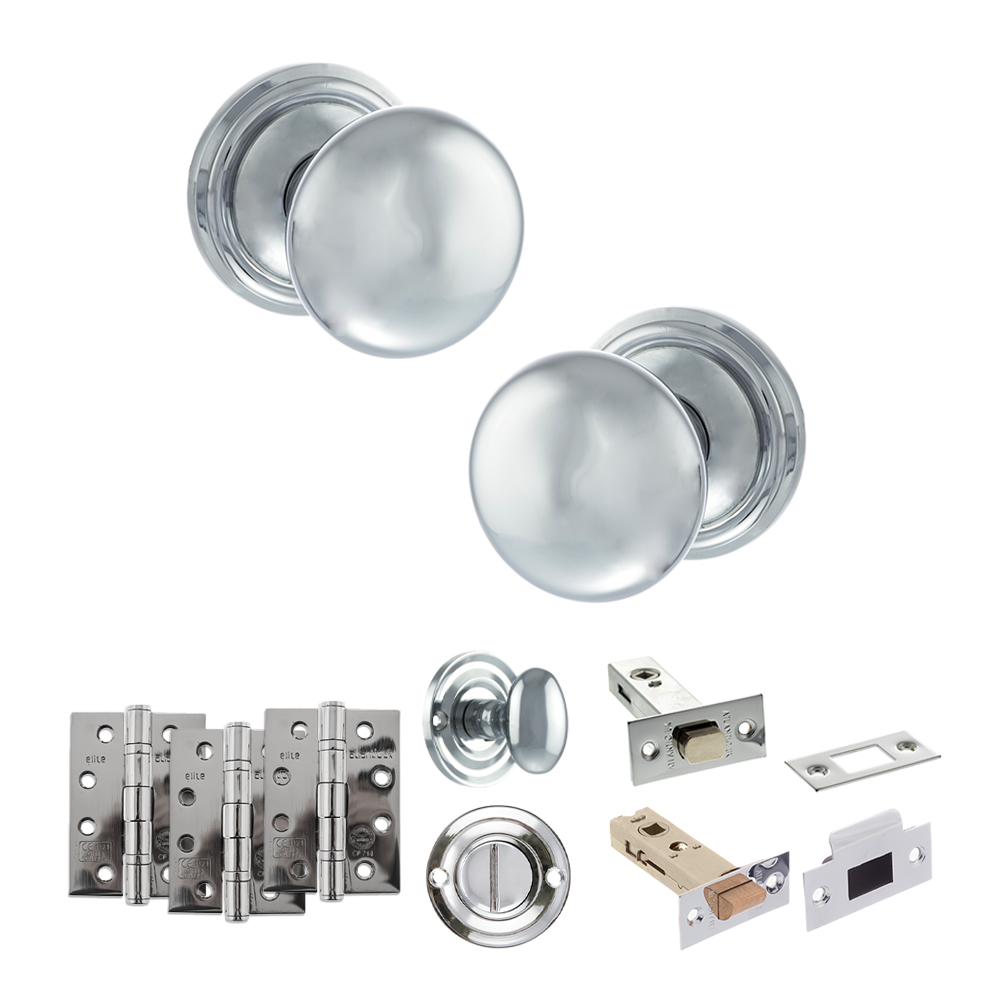 ADPOE58MMKPC63_OLD-ENGLISH-HARROGATE-POLISHED-CHROME.jpg Atlantic Old English Harrogate Door Knob Pack (Bathroom Set - 4" Deadbolt, 4" Fire Rated Hinges x3) - Polished Chrome - Image 1