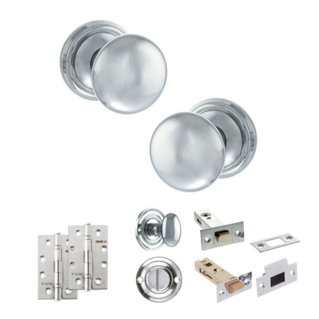 Atlantic Old English Harrogate Door Knob Pack (Bathroom Set - 4" Deadbolt, 4" Slim Knuckle Hinges x2) - Polished Chrome