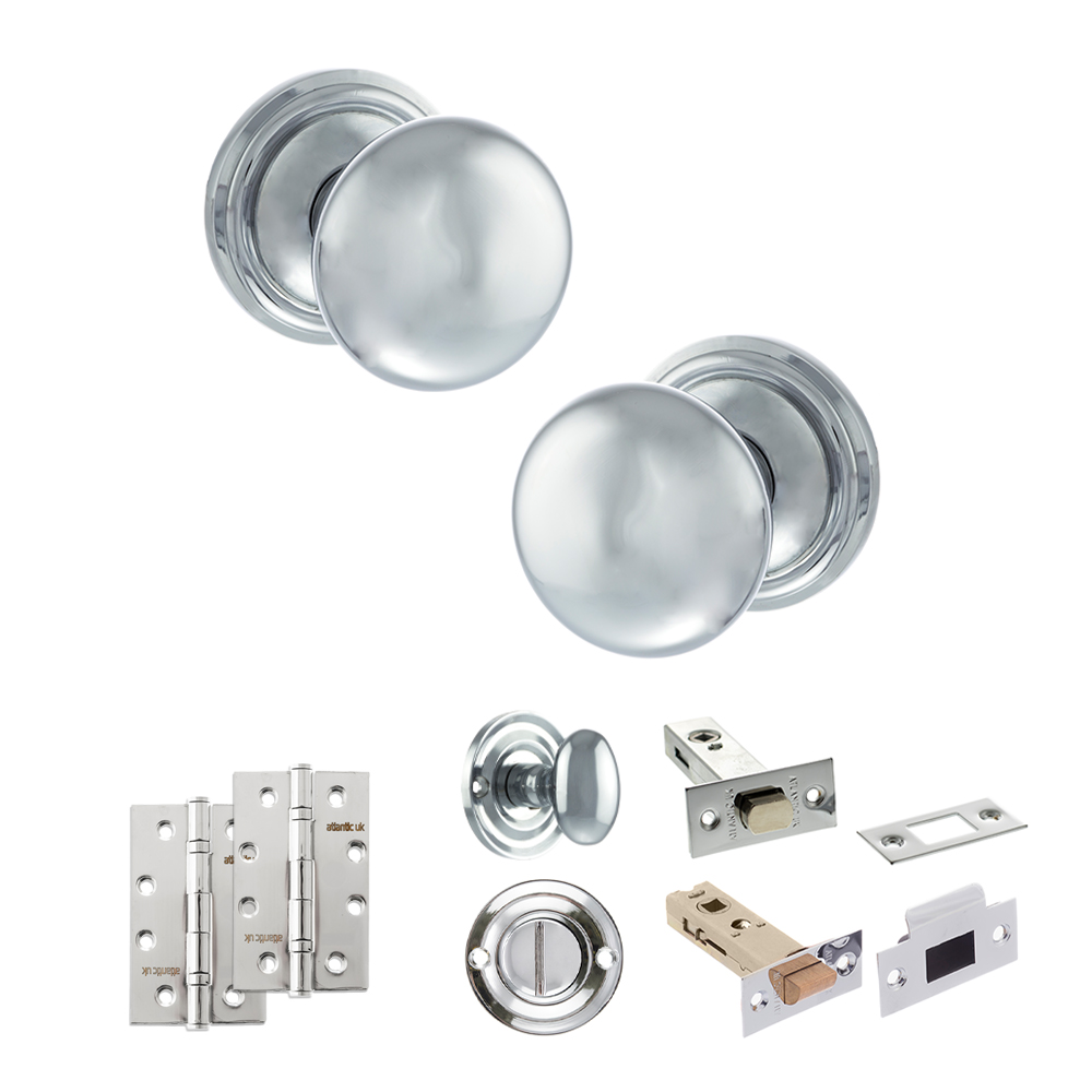 ADPOE58MMKPC65_OLD-ENGLISH-HARROGATE-POLISHED-CHROME.jpg Atlantic Old English Harrogate Door Knob Pack (Bathroom Set - 4" Deadbolt, 4" Slim Knuckle Hinges x2) - Polished Chrome - Image 1