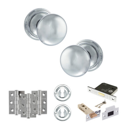 Atlantic Old English Harrogate Door Knob Pack (Lock Set - 3" Latch & Deadlock, 3" Fire Rated Hinges x3) - Polished Chrome