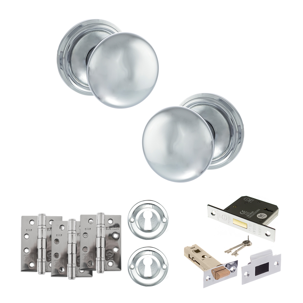 ADPOE58MMKPC67_OLD-ENGLISH-HARROGATE-POLISHED-CHROME.jpg Atlantic Old English Harrogate Door Knob Pack (Lock Set - 3" Latch & Deadlock, 4" Fire Rated Hinges x3) - Polished Chrome - Image 1