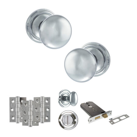 Atlantic Old English Harrogate Door Knob Pack (Lock Set - Horizontal Bathlock, 3" Fire Rated Hinges x3) - Polished Chrome