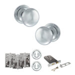 Atlantic Old English Harrogate Door Knob Pack (Lock Set - Horizontal Sashlock, 4" Fire Rated Hinges x3) - Polished Chrome