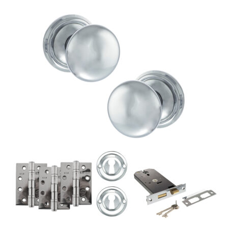 Atlantic Old English Harrogate Door Knob Pack (Lock Set - Horizontal Sashlock, 4" Fire Rated Hinges x3) - Polished Chrome