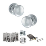 Atlantic Old English Harrogate Door Knob Pack (Lock Set - Horizontal Bathlock, 4" Fire Rated Hinges x3) - Polished Chrome