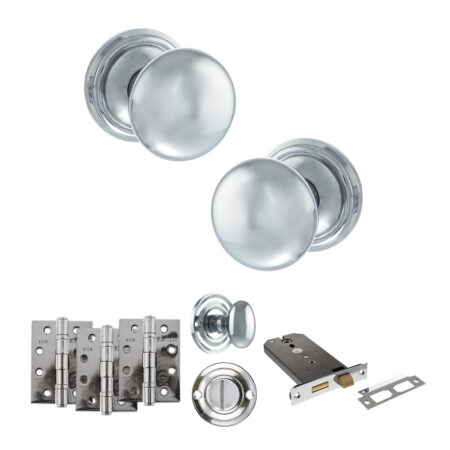 Atlantic Old English Harrogate Door Knob Pack (Lock Set - Horizontal Bathlock, 4" Fire Rated Hinges x3) - Polished Chrome