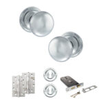 Atlantic Old English Harrogate Door Knob Pack (Lock Set - Horizontal Sashlock, 4" Slim Knuckle Hinges x2) - Polished Chrome