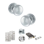 Atlantic Old English Harrogate Door Knob Pack (Lock Set - Horizontal Bathlock, 4" Slim Knuckle Hinges x2) - Polished Chrome