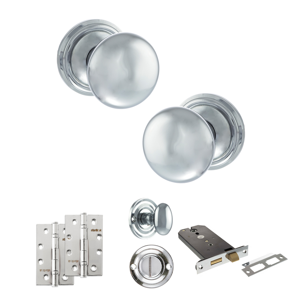 ADPOE58MMKPC74_OLD-ENGLISH-HARROGATE-POLISHED-CHROME.jpg Atlantic Old English Harrogate Door Knob Pack (Lock Set - Horizontal Bathlock, 4" Slim Knuckle Hinges x2) - Polished Chrome - Image 1
