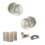 Atlantic Old English Harrogate Door Knob Pack (Latch Set - 3" HD Latch, 3" Fire Rated Hinges x3) - Polished Nickel