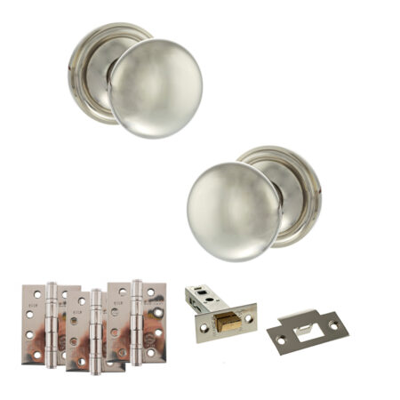 Atlantic Old English Harrogate Door Knob Pack (Latch Set - 3" HD Latch, 4" Fire Rated Hinges x3) - Polished Nickel