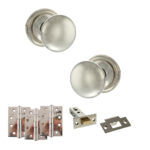 Atlantic Old English Harrogate Door Knob Pack (Latch Set - 4" HD Latch, 4" Fire Rated Hinges x3) - Polished Nickel