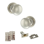 Atlantic Old English Harrogate Door Knob Pack (Latch Set - 3" HD Latch, 4" Slim Knuckle Hinges x2) - Polished Nickel