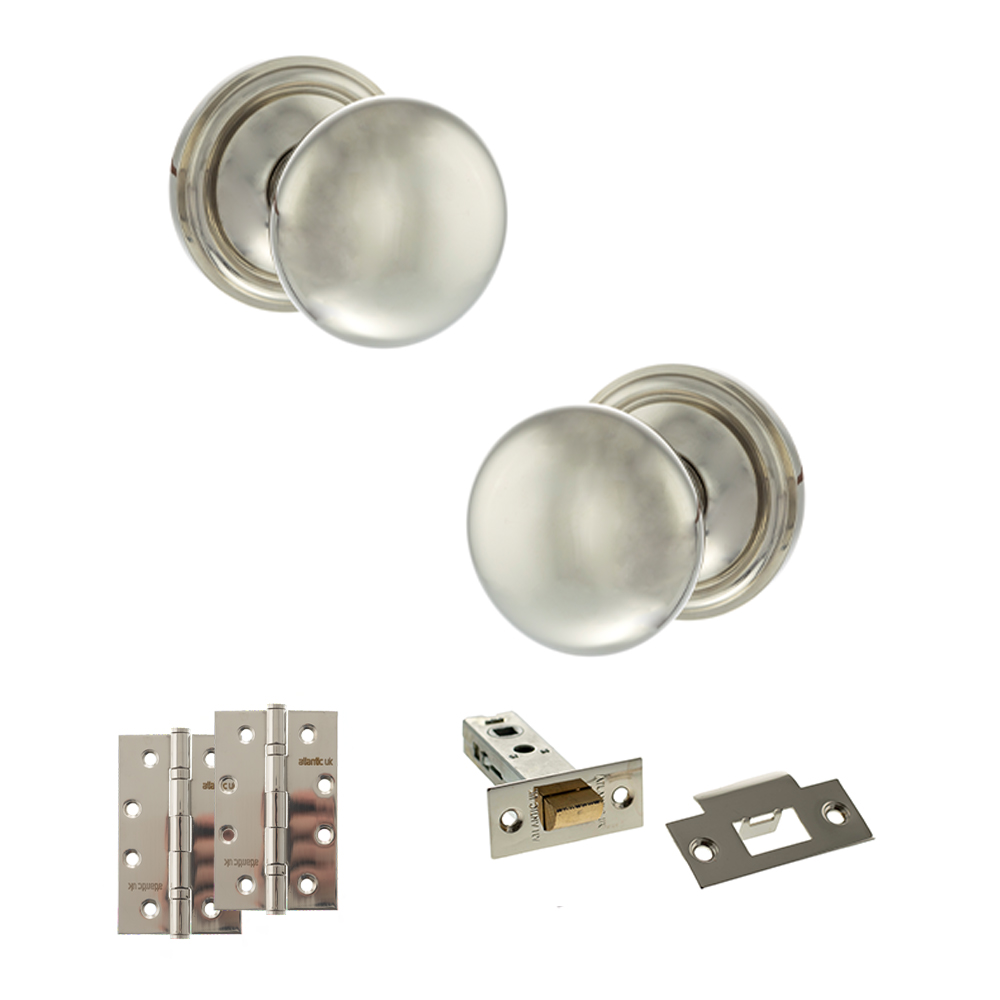 ADPOE58MMKPN58_OLD-ENGLISH-HARROGATE-POLISHED-NICKEL.jpg Atlantic Old English Harrogate Door Knob Pack (Latch Set - 3" HD Latch, 4" Slim Knuckle Hinges x2) - Polished Nickel - Image 1