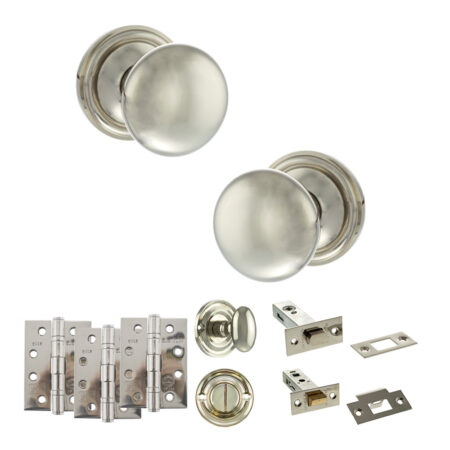 Atlantic Old English Harrogate Door Knob Pack (Bathroom Set - 3" Deadbolt, 4" Fire Rated Hinges x3) - Polished Nickel