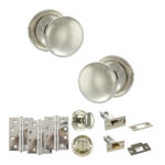 Atlantic Old English Harrogate Door Knob Pack (Bathroom Set - 4" Deadbolt, 4" Fire Rated Hinges x3) - Polished Nickel