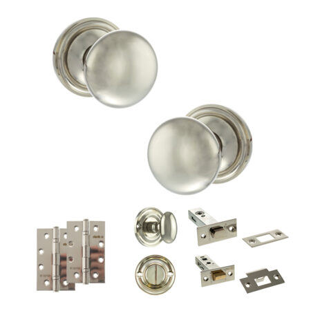 Atlantic Old English Harrogate Door Knob Pack (Bathroom Set - 4" Deadbolt, 4" Slim Knuckle Hinges x2) - Polished Nickel