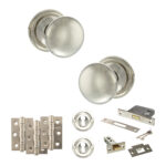 Atlantic Old English Harrogate Door Knob Pack (Lock Set - 3" Latch & Deadlock, 3" Fire Rated Hinges x3) - Polished Nickel