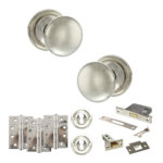 Atlantic Old English Harrogate Door Knob Pack (Lock Set - 3" Latch & Deadlock, 4" Fire Rated Hinges x3) - Polished Nickel