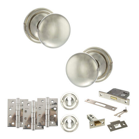 Atlantic Old English Harrogate Door Knob Pack (Lock Set - 3" Latch & Deadlock, 4" Fire Rated Hinges x3) - Polished Nickel