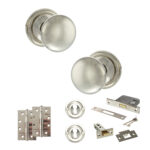 Atlantic Old English Harrogate Door Knob Pack (Lock Set - 3" Latch & Deadlock, 4" Slim Knuckle Hinges x2) - Polished Nickel