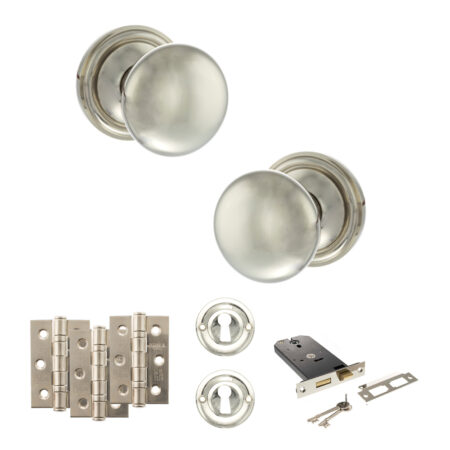Atlantic Old English Harrogate Door Knob Pack (Lock Set - Horizontal Sashlock, 3" Fire Rated Hinges x3) - Polished Nickel