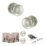 Atlantic Old English Harrogate Door Knob Pack (Lock Set - Horizontal Sashlock, 4" Fire Rated Hinges x3) - Polished Nickel