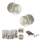 Atlantic Old English Harrogate Door Knob Pack (Lock Set - Horizontal Bathlock, 4" Fire Rated Hinges x3) - Polished Nickel