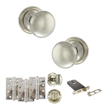 Atlantic Old English Harrogate Door Knob Pack (Lock Set - Horizontal Bathlock, 4" Fire Rated Hinges x3) - Polished Nickel