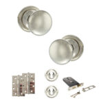 Atlantic Old English Harrogate Door Knob Pack (Lock Set - Horizontal Sashlock, 4" Slim Knuckle Hinges x2) - Polished Nickel