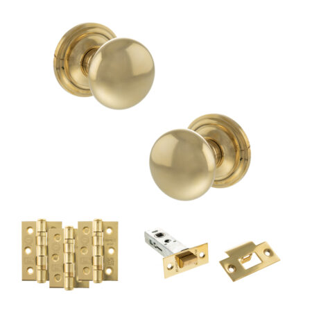 Atlantic Old English Harrogate Door Knob Pack (Latch Set - 3" HD Latch, 3" Fire Rated Hinges x3) - Raw Brass