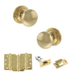 Atlantic Old English Harrogate Door Knob Pack (Latch Set - 3" HD Latch, 4" Fire Rated Hinges x3) - Raw Brass