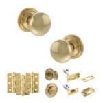 Atlantic Old English Harrogate Door Knob Pack (Bathroom Set - 4" Deadbolt, 3" Fire Rated Hinges x3) - Raw Brass