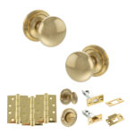Atlantic Old English Harrogate Door Knob Pack (Bathroom Set - 4" Deadbolt, 4" Fire Rated Hinges x3) - Raw Brass