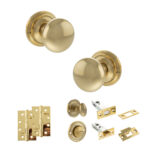 Atlantic Old English Harrogate Door Knob Pack (Bathroom Set - 3" Deadbolt, 4" Slim Knuckle Hinges x2) - Raw Brass