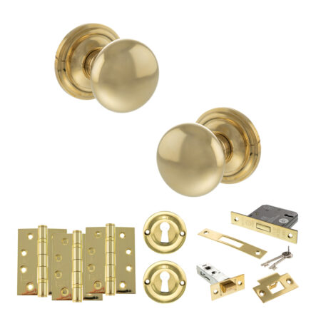 Atlantic Old English Harrogate Door Knob Pack (Lock Set - 3" Latch & Deadlock, 4" Fire Rated Hinges x3) - Raw Brass