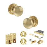 Atlantic Old English Harrogate Door Knob Pack (Lock Set - 3" Latch & Deadlock, 4" Slim Knuckle Hinges x2) - Raw Brass