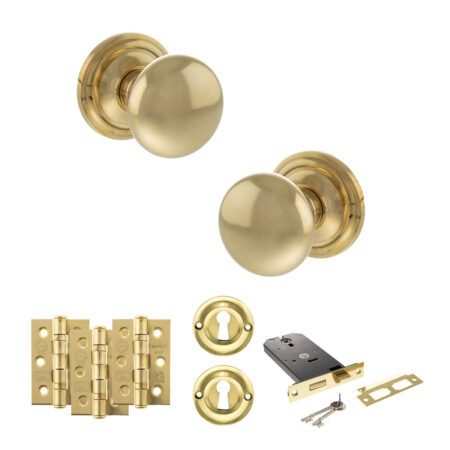 Atlantic Old English Harrogate Door Knob Pack (Lock Set - Horizontal Sashlock, 3" Fire Rated Hinges x3) - Raw Brass