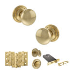 Atlantic Old English Harrogate Door Knob Pack (Lock Set - Horizontal Bathlock, 3" Fire Rated Hinges x3) - Raw Brass