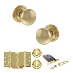 Atlantic Old English Harrogate Door Knob Pack (Lock Set - Horizontal Sashlock, 4" Fire Rated Hinges x3) - Raw Brass