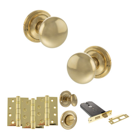 Atlantic Old English Harrogate Door Knob Pack (Lock Set - Horizontal Bathlock, 4" Fire Rated Hinges x3) - Raw Brass