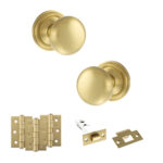 Atlantic Old English Harrogate Door Knob Pack (Latch Set - 4" HD Latch, 3" Fire Rated Hinges x3) - Satin Brass