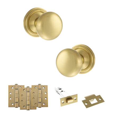 Atlantic Old English Harrogate Door Knob Pack (Latch Set - 3" HD Latch, 4" Fire Rated Hinges x3) - Satin Brass